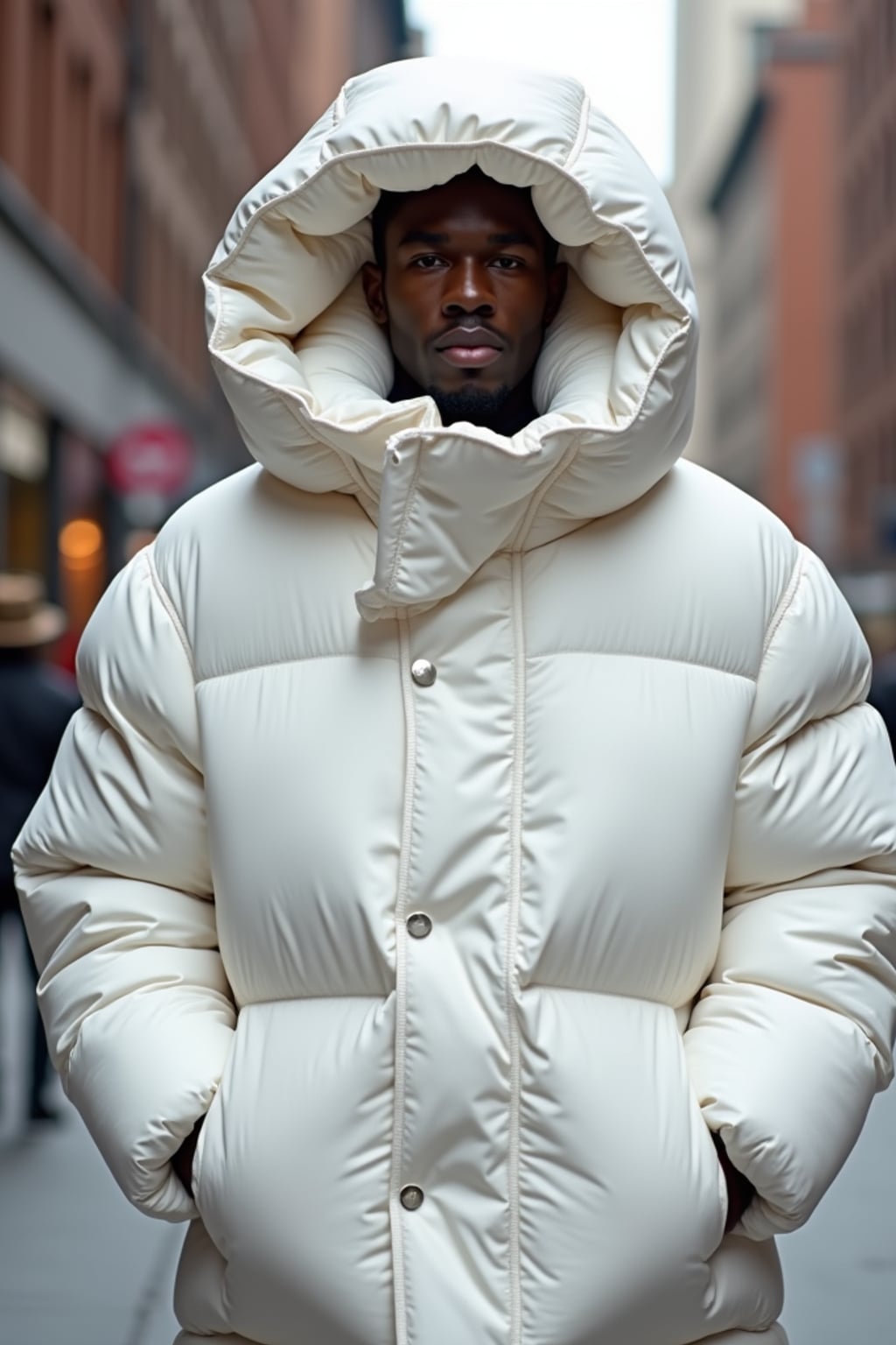 man in a super big round white puffer closed coat with an exaggerated, voluminous design with oversized hood and thick, many quilted sections that contribute to its inflated appearance. the coat is closed and inflated. outside in New York City street.