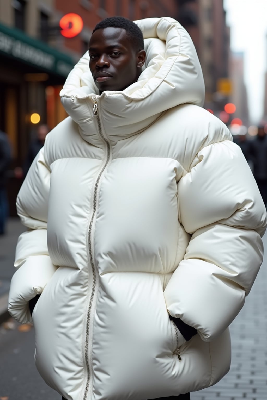 man in a super big round white puffer closed coat with an exaggerated, voluminous design with oversized hood and thick, many quilted sections that contribute to its inflated appearance. the coat is closed and inflated. outside in New York City street.