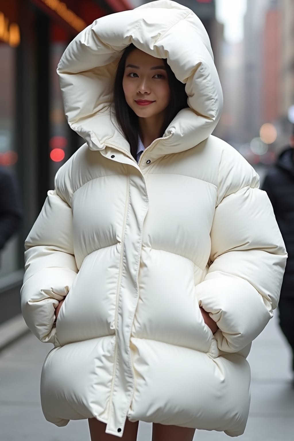 woman in a super big round white puffer closed coat with an exaggerated, voluminous design with oversized hood and thick, many quilted sections that contribute to its inflated appearance. the coat is closed and inflated. outside in New York City street.