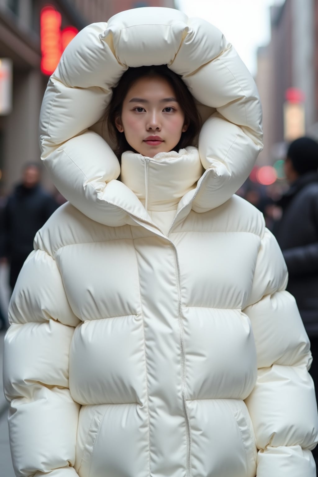 woman in a super big round white puffer closed coat with an exaggerated, voluminous design with oversized hood and thick, many quilted sections that contribute to its inflated appearance. the coat is closed and inflated. outside in New York City street.