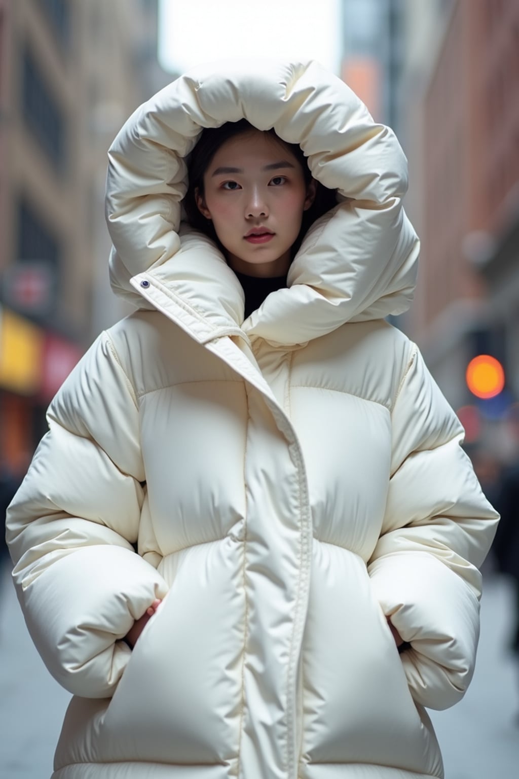 woman in a super big round white puffer closed coat with an exaggerated, voluminous design with oversized hood and thick, many quilted sections that contribute to its inflated appearance. the coat is closed and inflated. outside in New York City street.