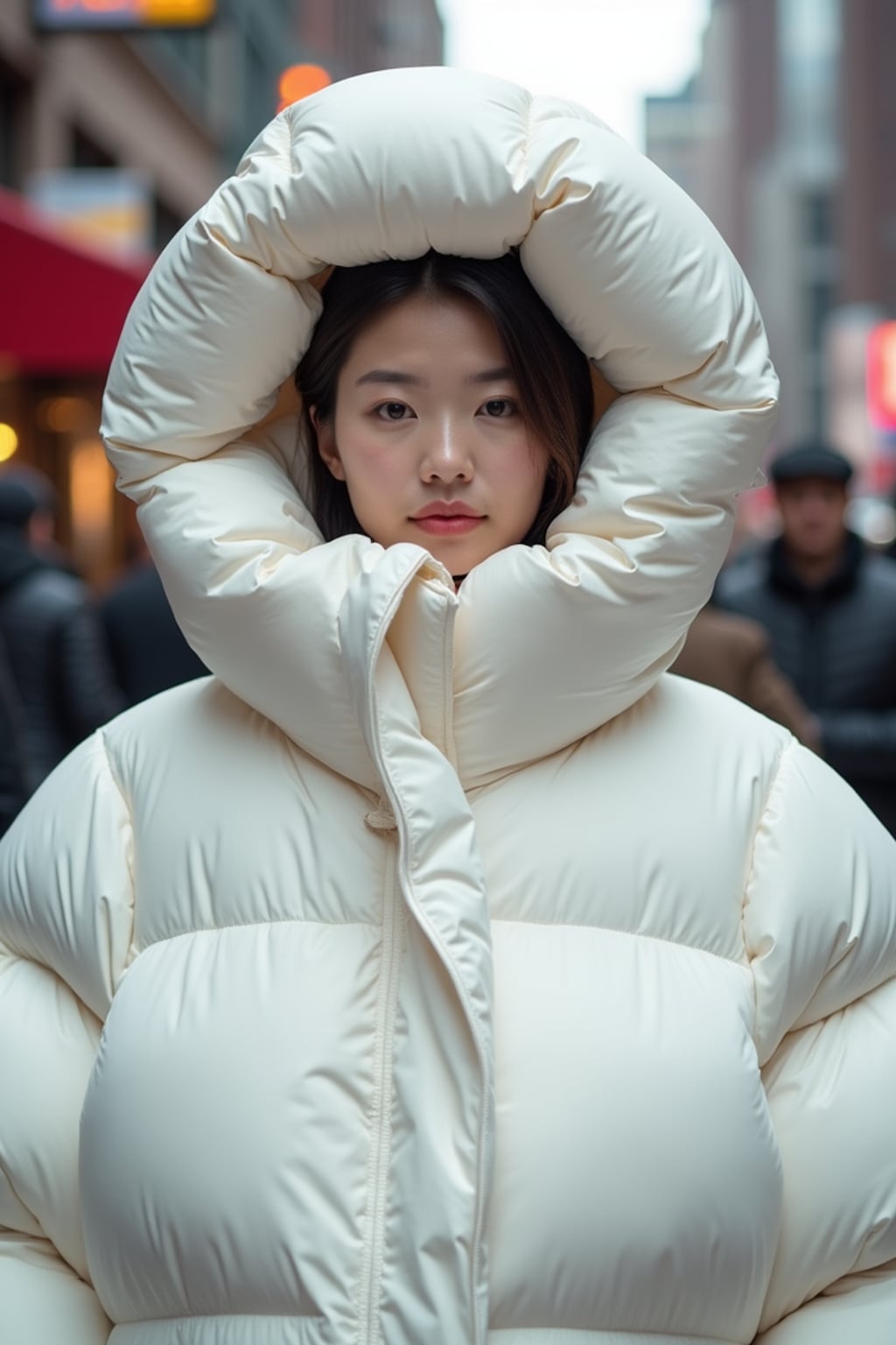 woman in a super big round white puffer closed coat with an exaggerated, voluminous design with oversized hood and thick, many quilted sections that contribute to its inflated appearance. the coat is closed and inflated. outside in New York City street.