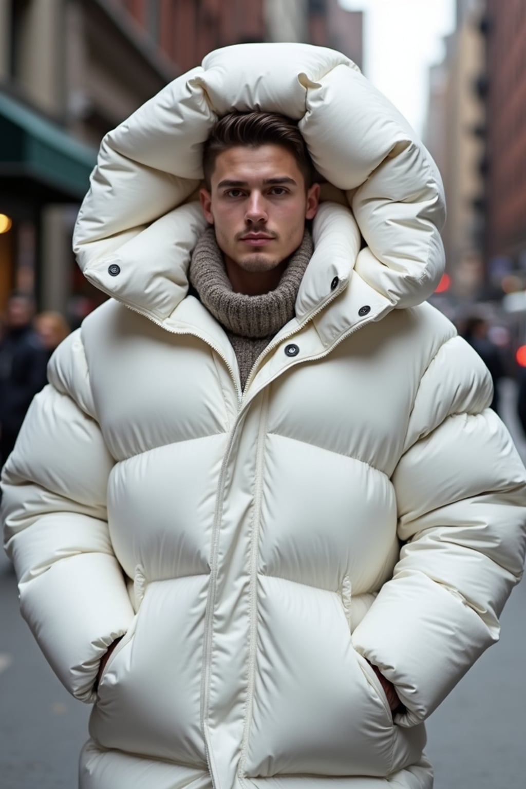man in a super big round white puffer closed coat with an exaggerated, voluminous design with oversized hood and thick, many quilted sections that contribute to its inflated appearance. the coat is closed and inflated. outside in New York City street.