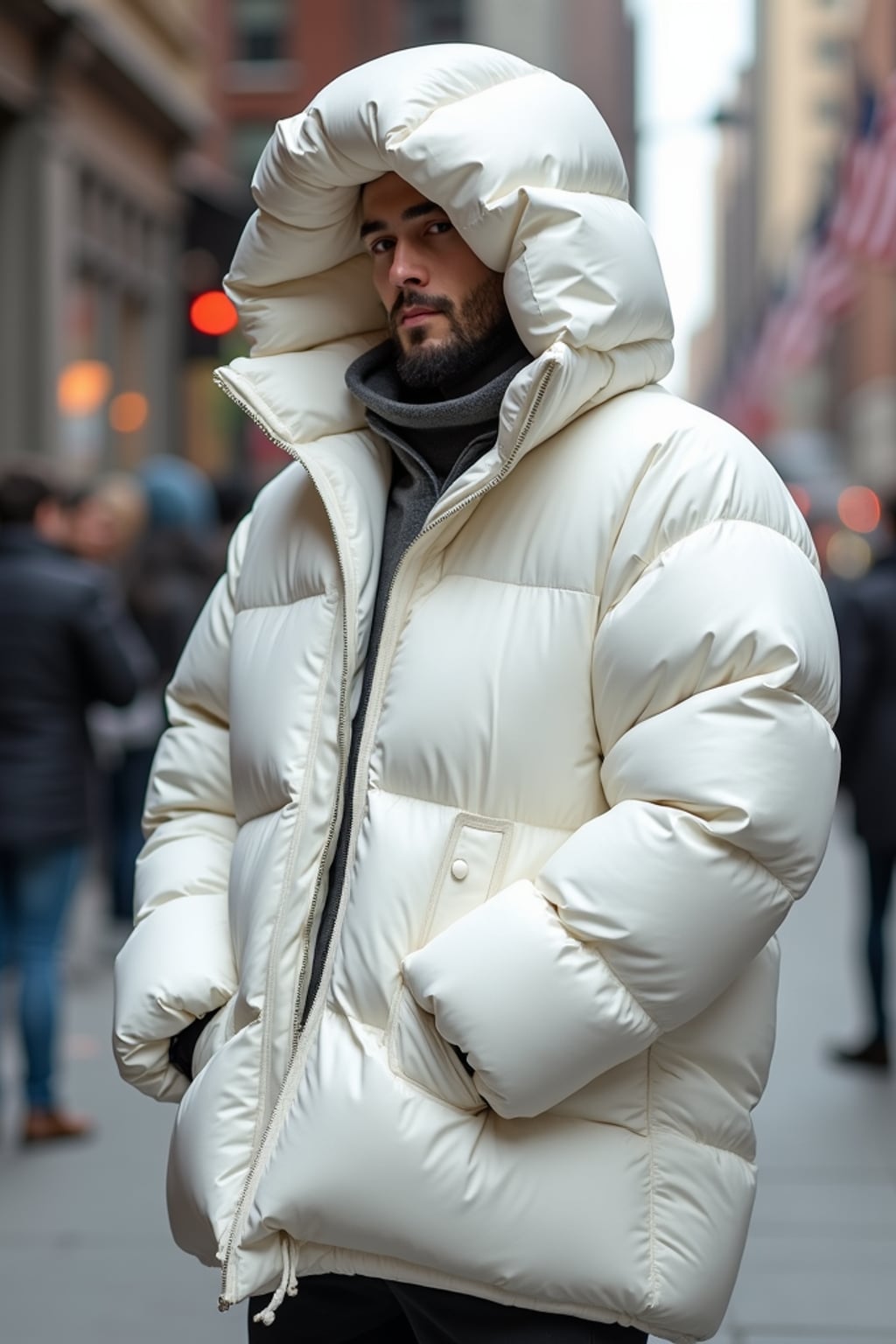 man in a super big round white puffer closed coat with an exaggerated, voluminous design with oversized hood and thick, many quilted sections that contribute to its inflated appearance. the coat is closed and inflated. outside in New York City street.