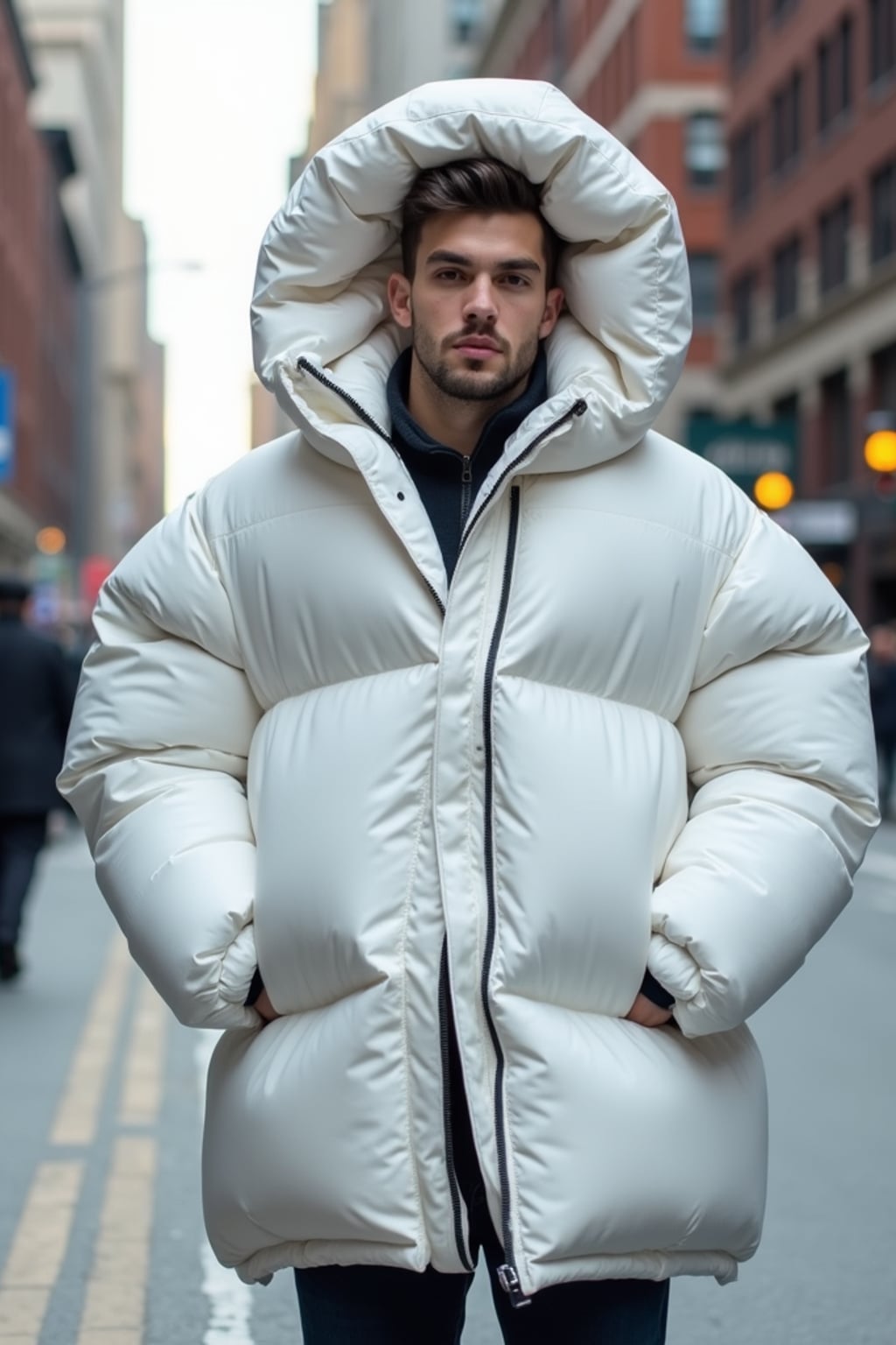 man in a super big round white puffer closed coat with an exaggerated, voluminous design with oversized hood and thick, many quilted sections that contribute to its inflated appearance. the coat is closed and inflated. outside in New York City street.