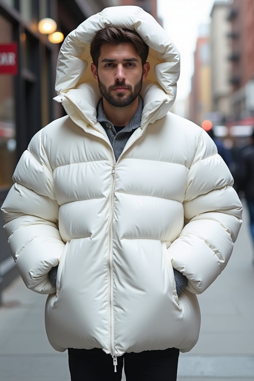 man in a super big round white puffer closed coat with an exaggerated, voluminous design with oversized hood and thick, many quilted sections that contribute to its inflated appearance. the coat is closed and inflated. outside in New York City street.