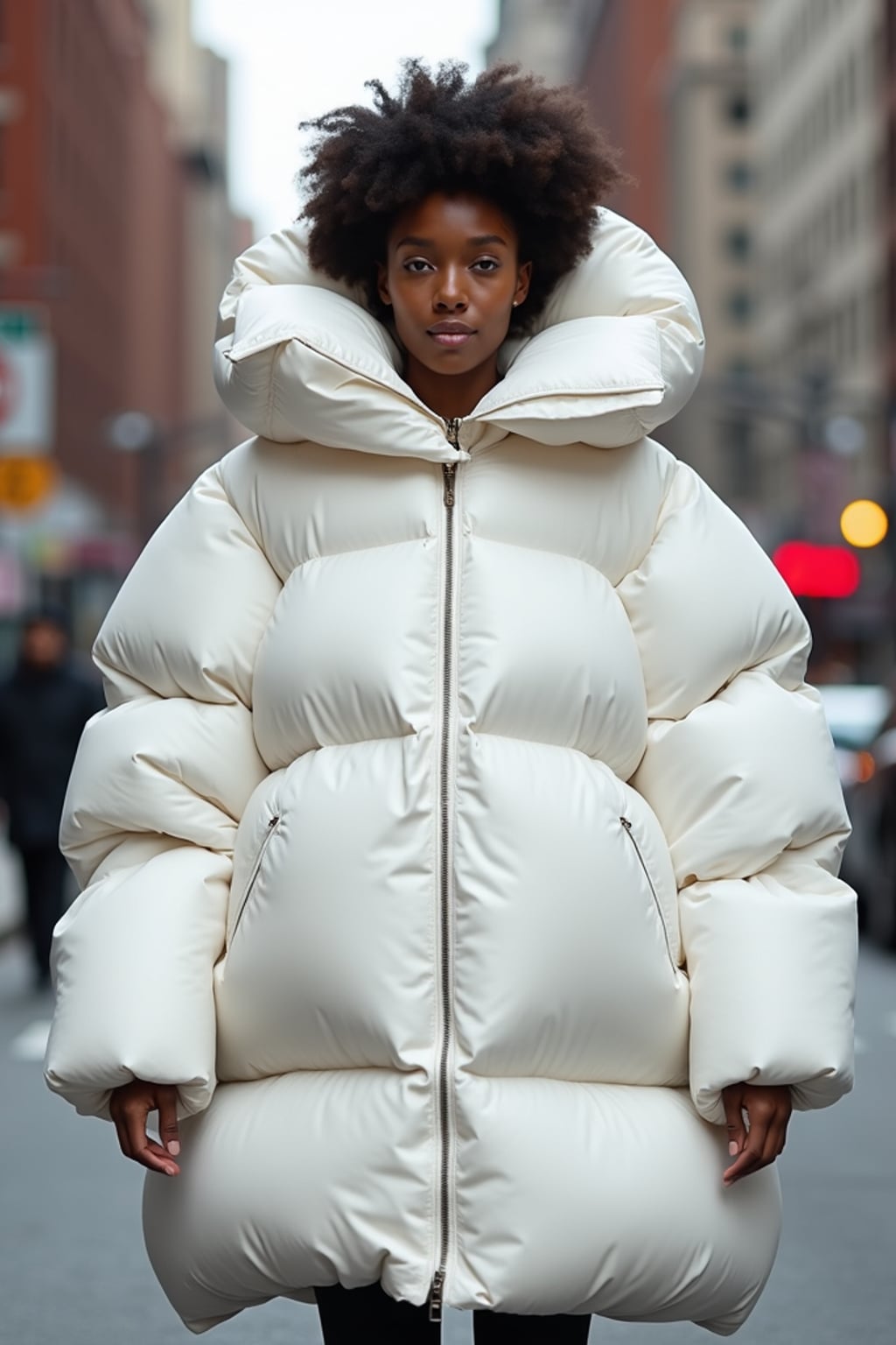 woman in a super big round white puffer closed coat with an exaggerated, voluminous design with oversized hood and thick, many quilted sections that contribute to its inflated appearance. the coat is closed and inflated. outside in New York City street.