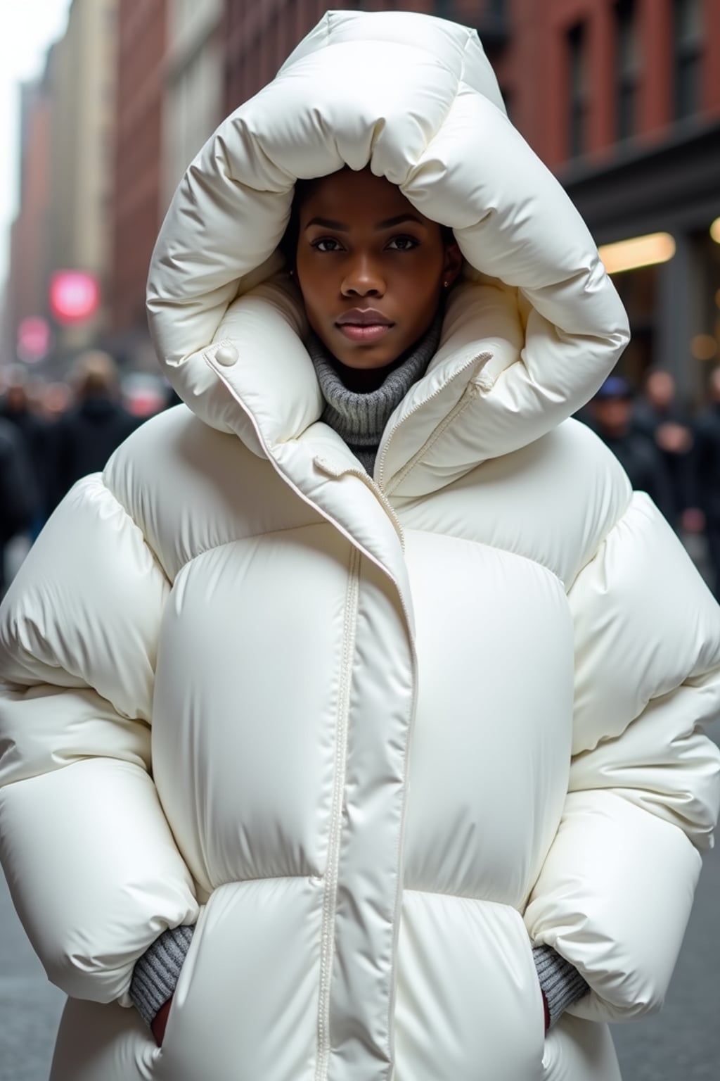 woman in a super big round white puffer closed coat with an exaggerated, voluminous design with oversized hood and thick, many quilted sections that contribute to its inflated appearance. the coat is closed and inflated. outside in New York City street.