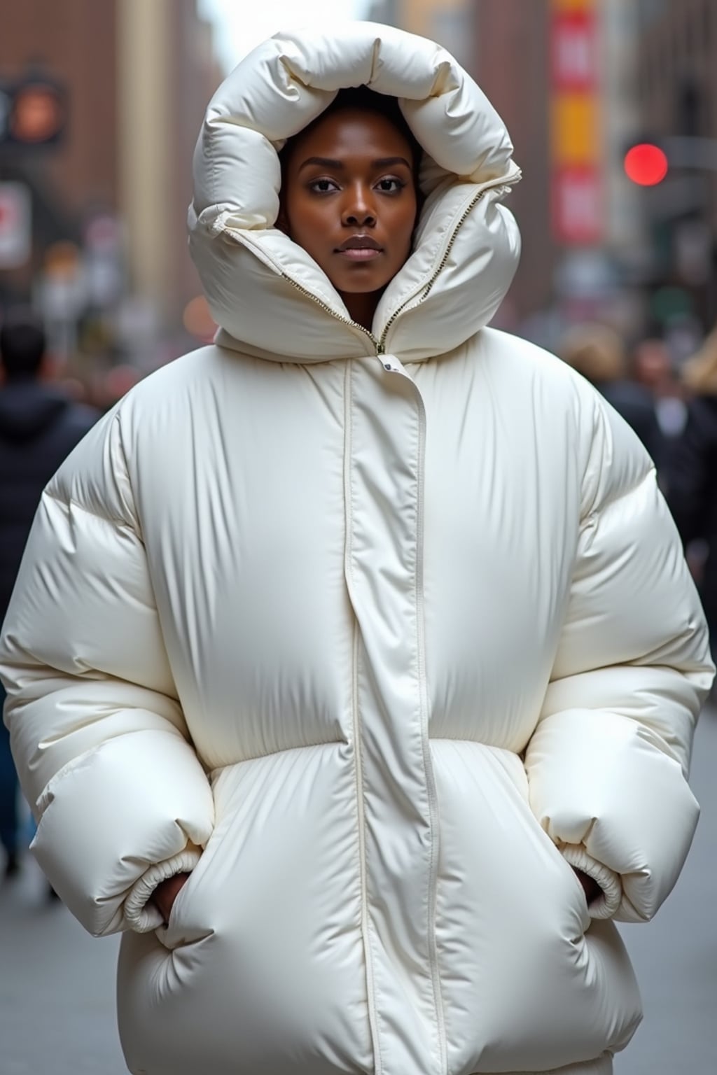 woman in a super big round white puffer closed coat with an exaggerated, voluminous design with oversized hood and thick, many quilted sections that contribute to its inflated appearance. the coat is closed and inflated. outside in New York City street.