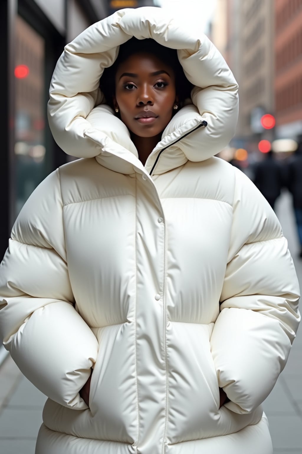woman in a super big round white puffer closed coat with an exaggerated, voluminous design with oversized hood and thick, many quilted sections that contribute to its inflated appearance. the coat is closed and inflated. outside in New York City street.