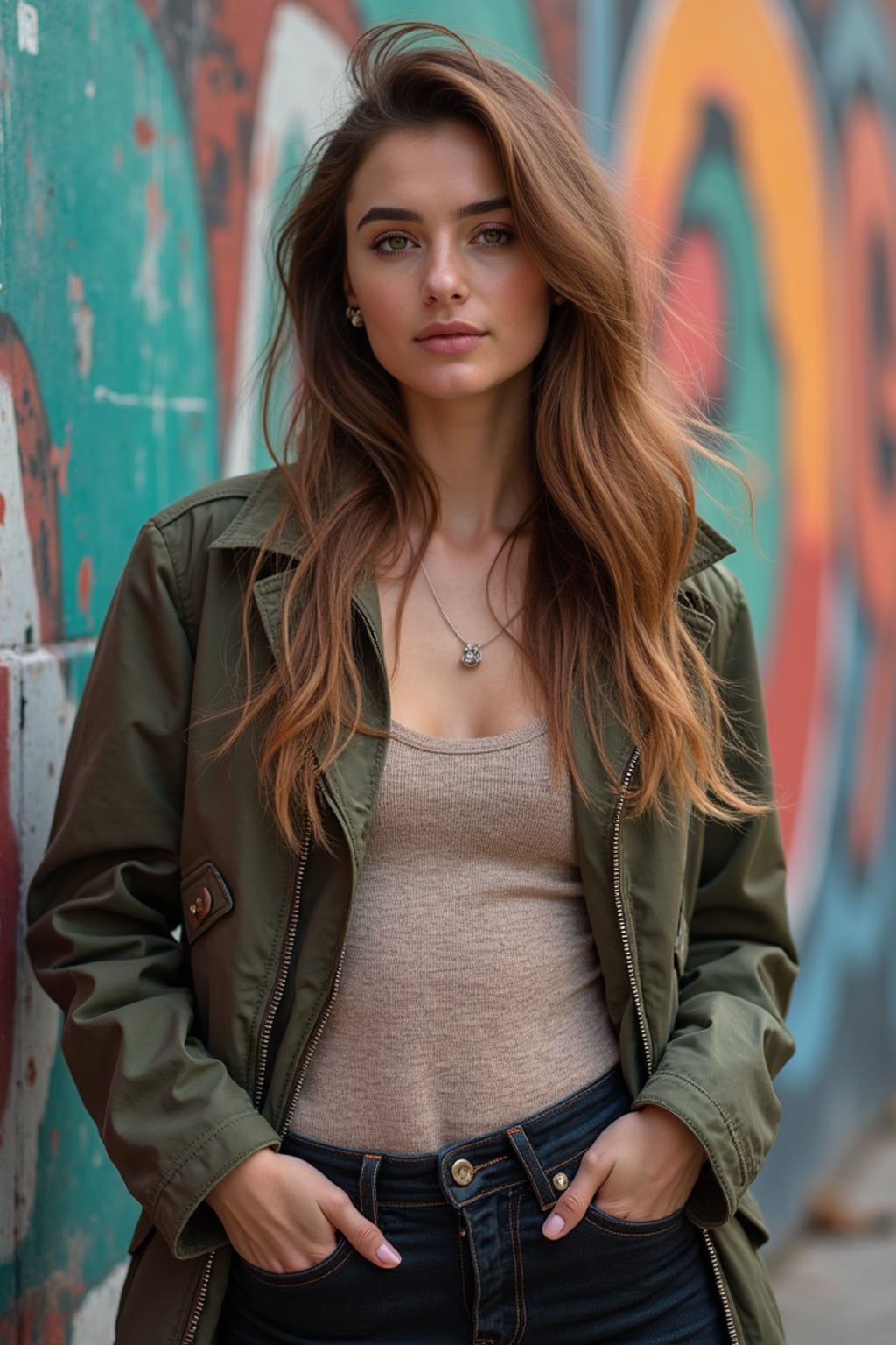 a fashionable  feminine woman posing in front of street art