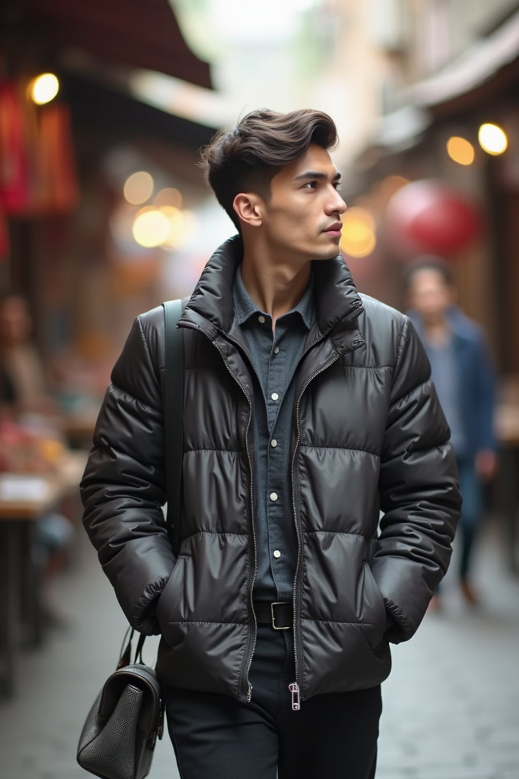 a stylish masculine  man exploring a street market