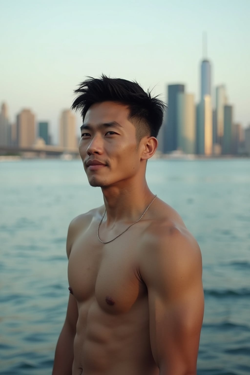 a captivating masculine  man enjoying a peaceful moment by the waterfront