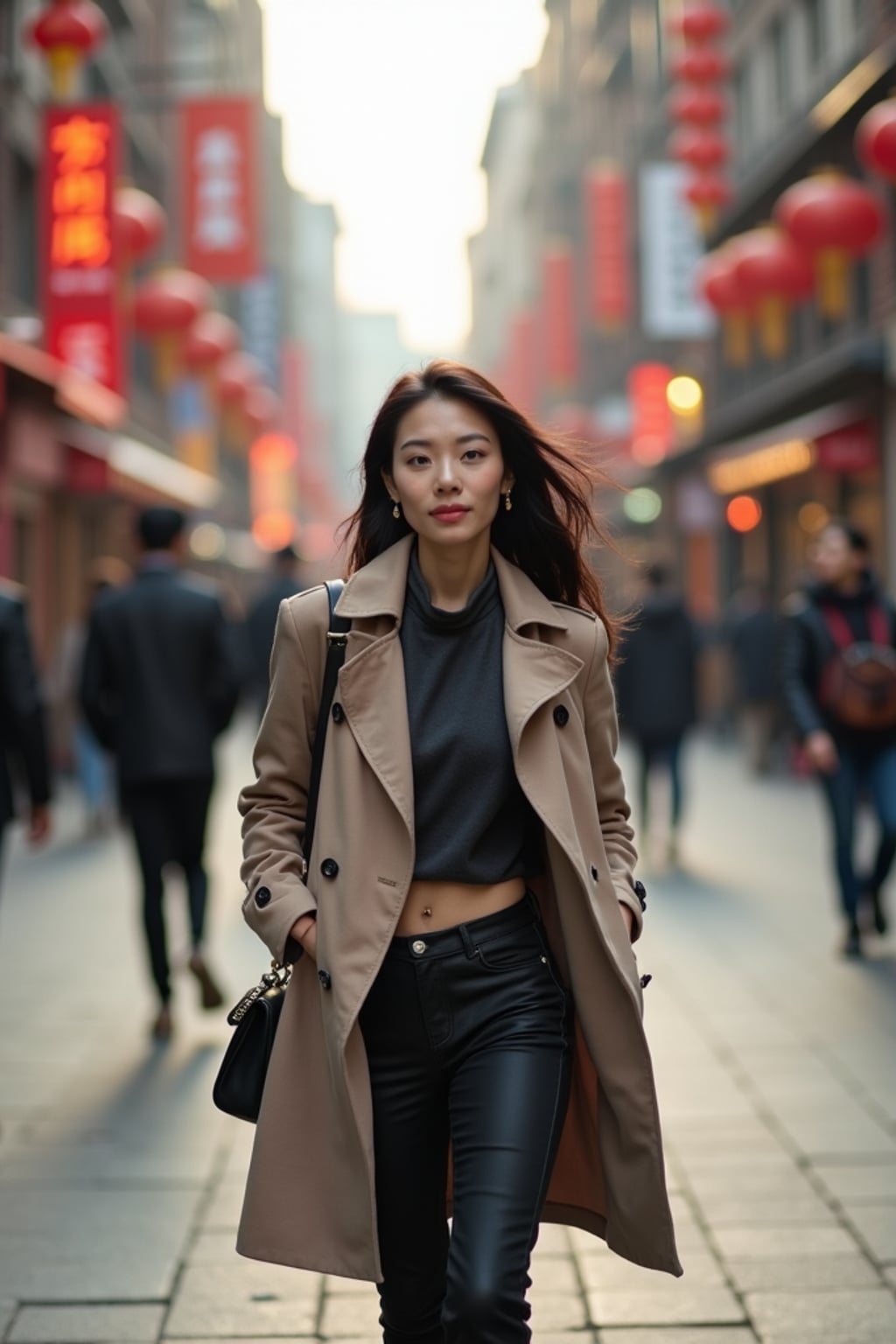 a confident  feminine woman exploring a bustling city street