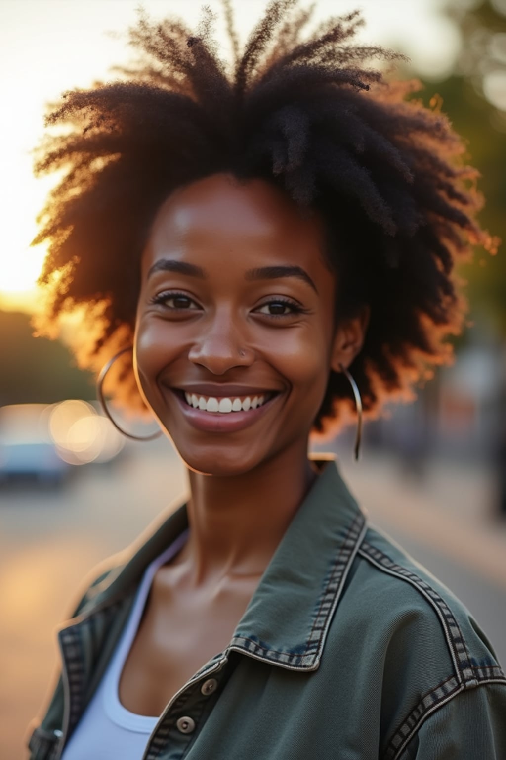 headshot of smiling woman wearing casual clothes posing for dating app headshot. outdoor blurry background. the lighting is warm, possibly from a setting sun, creating a soft glow around him, enhancing the casual and relaxed vibe of the image. the setting seems to be outdoors, likely in an urban environment, with the blurred background hinting at a street or park-like area. this image likely portrays a youthful, active, and approachable individual, possibly in a lifestyle or fashion-related context.
