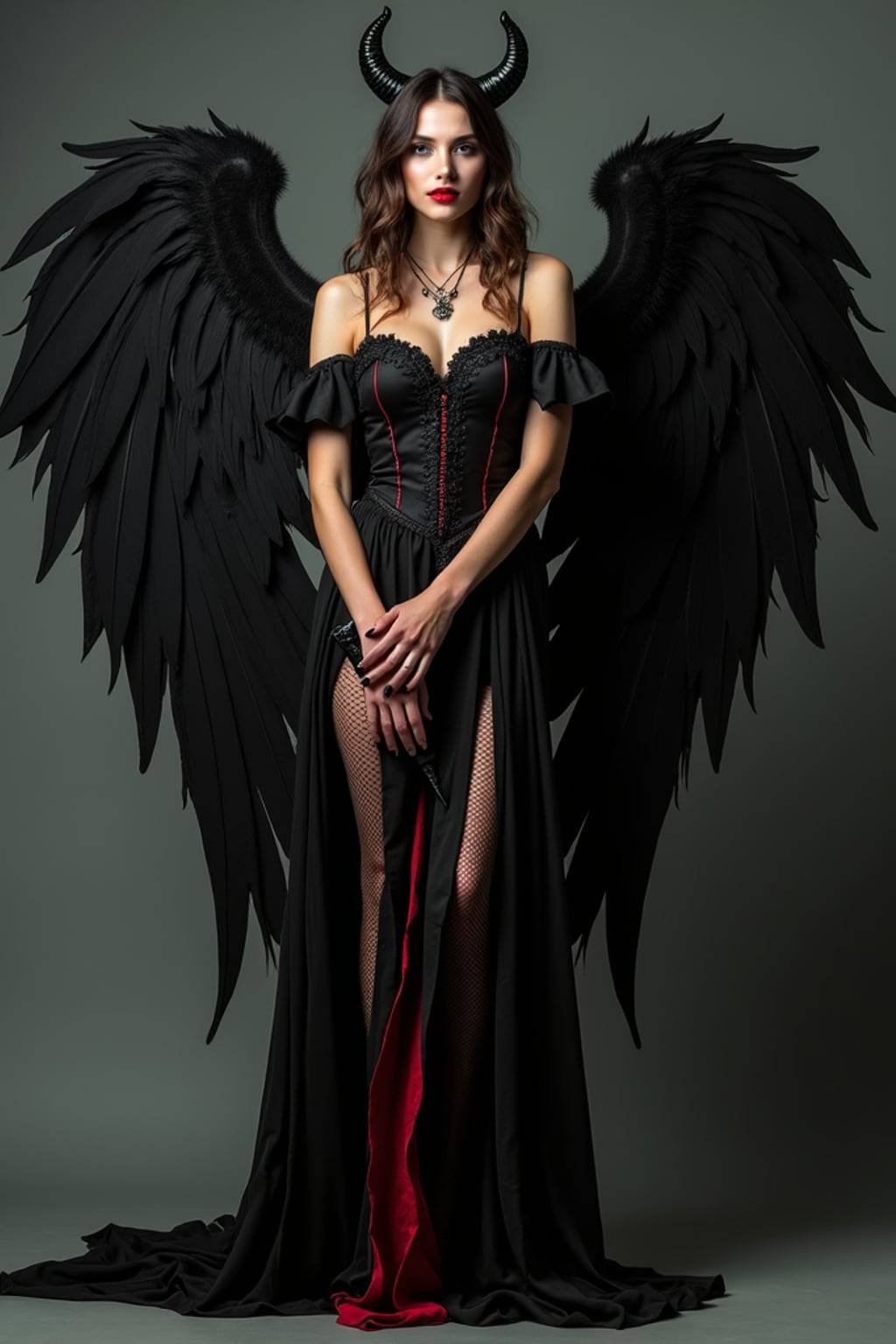a woman dressed as an angel poses for a picture, dark angel, angel knight gothic girl, dark gothic dress, very sexy devil outfit, full body devil woman, gothic woman dressed in black and red, megan fox witch queen, raven winged female vampire, villainess has black angel wings, gothic outfit, tall female angel, gothic dress, fallen angel, winged woman angel, fishnet stockings