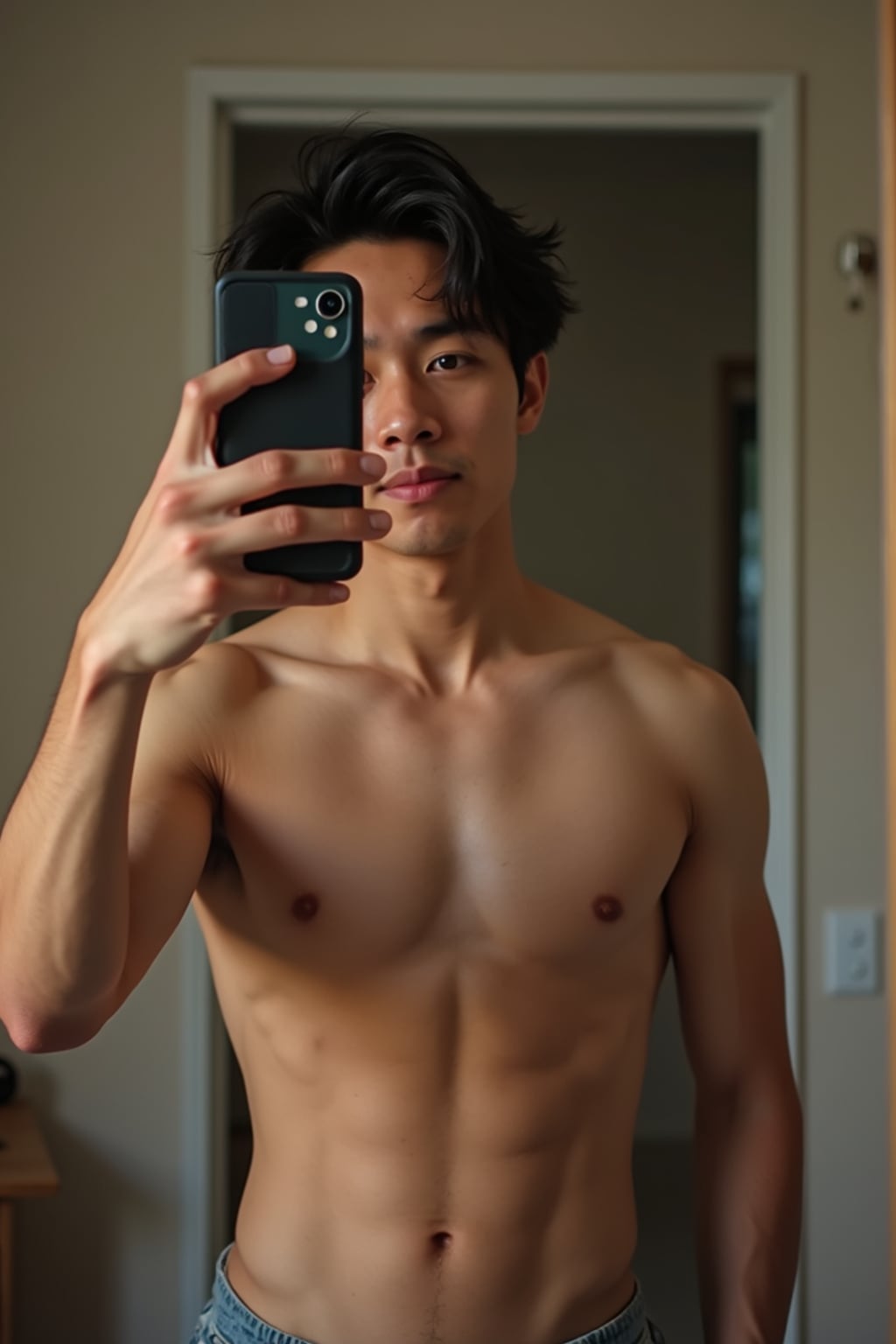 beautiful man taking a selfie in bedroom mirror