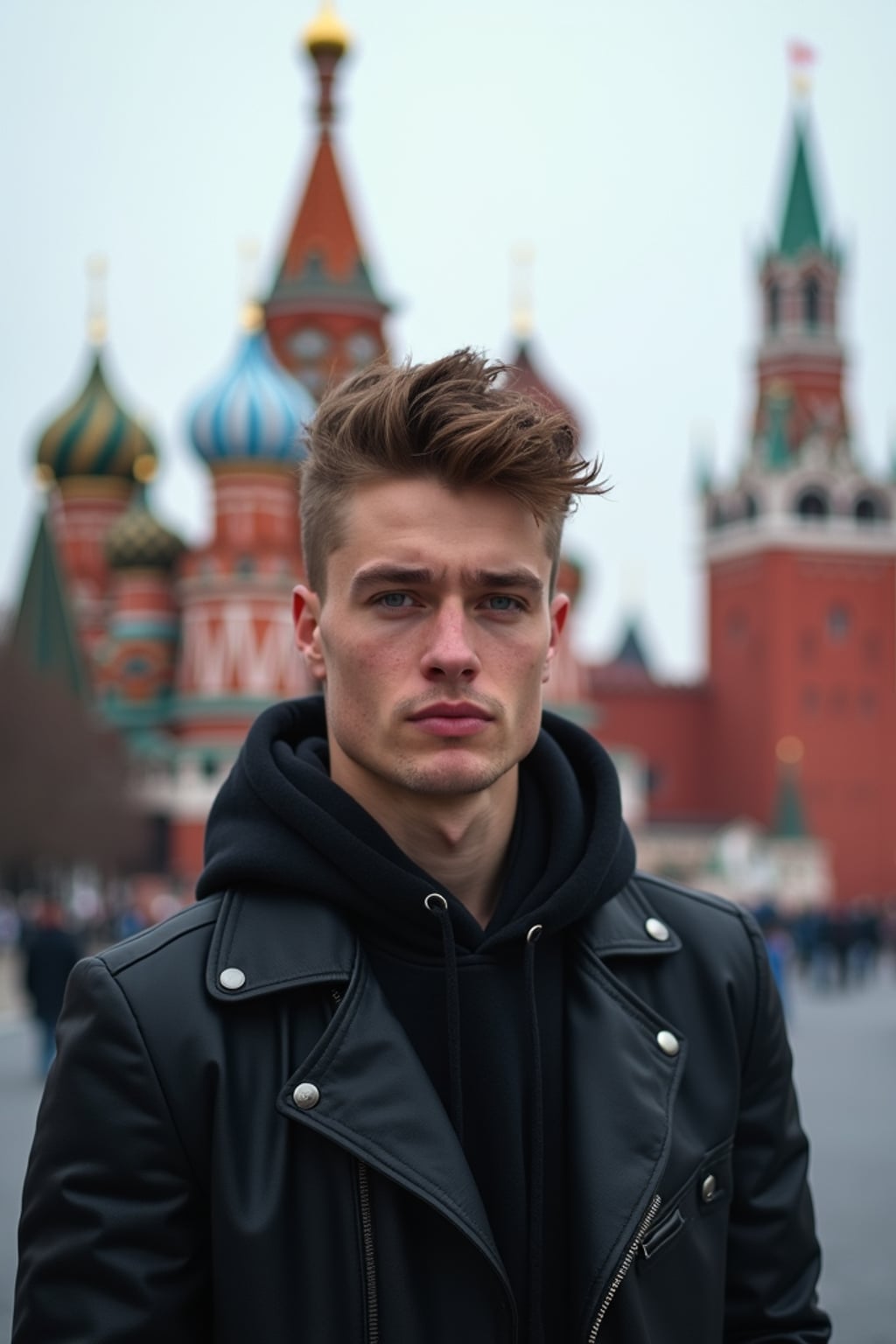 man in Moscow with the Kremlin in the background