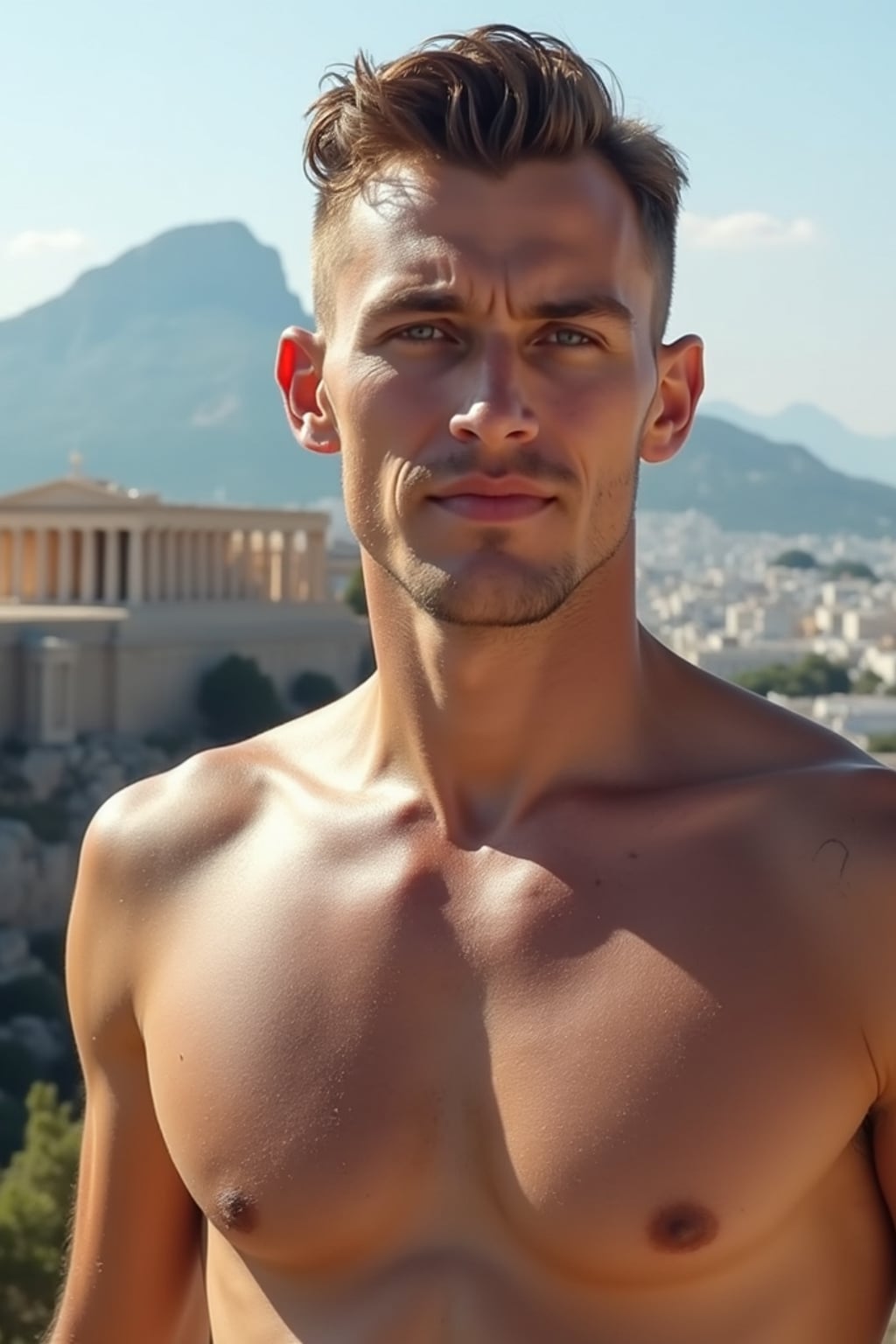 man in Athens with the Acropolis in the background