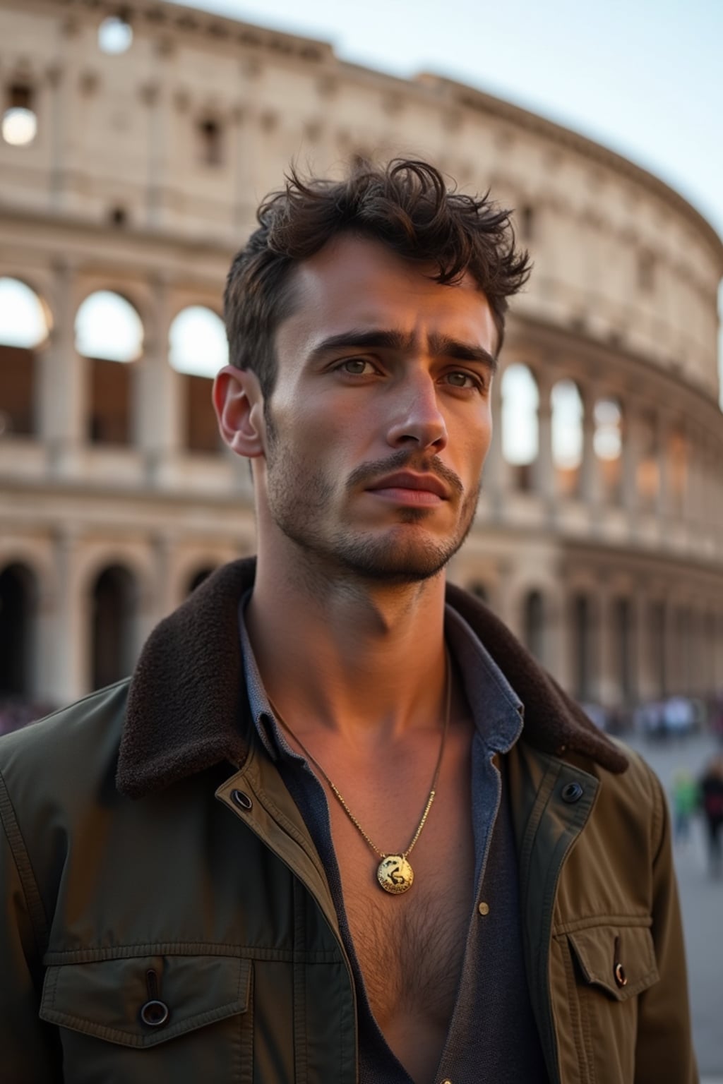 man in Rome with the Colosseum in the background