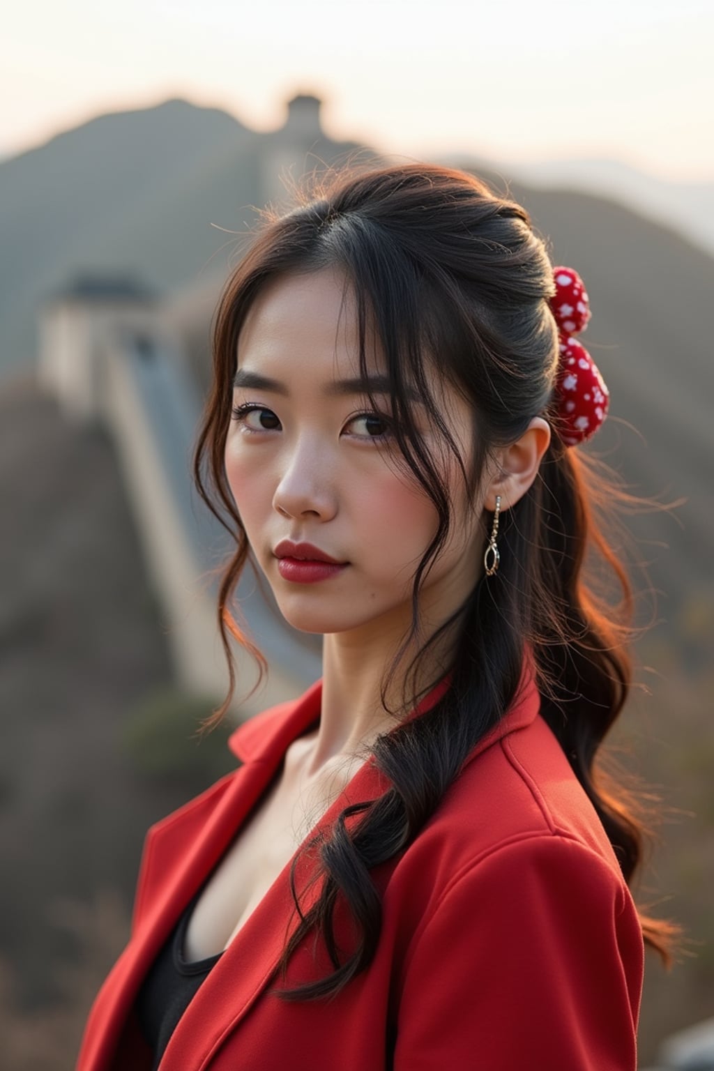 woman in Beijing with the Great Wall in the background