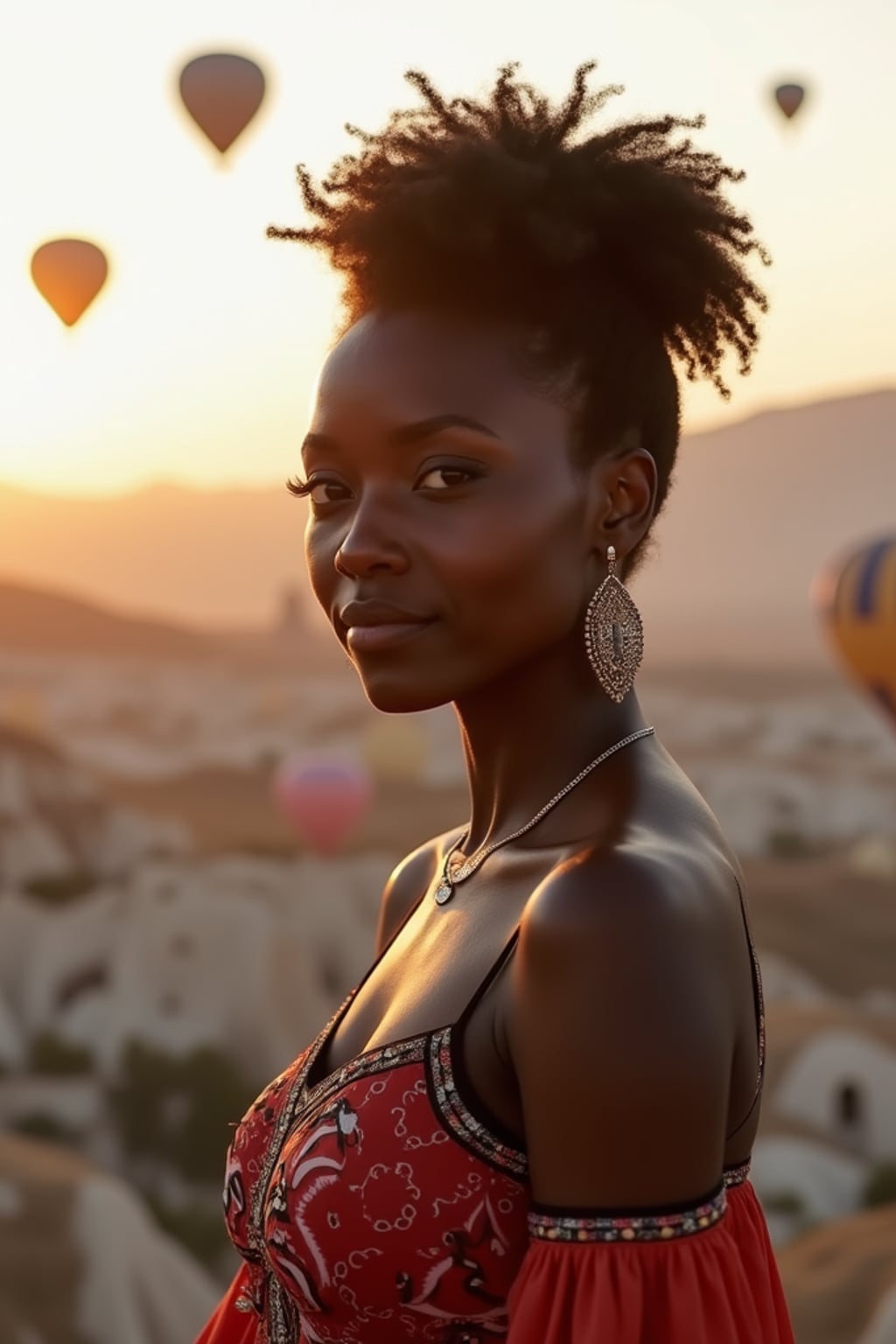 Breathtakingly woman with hot air balloons in the background in cappadocia, Türkiye. Cappadocia, Turkey