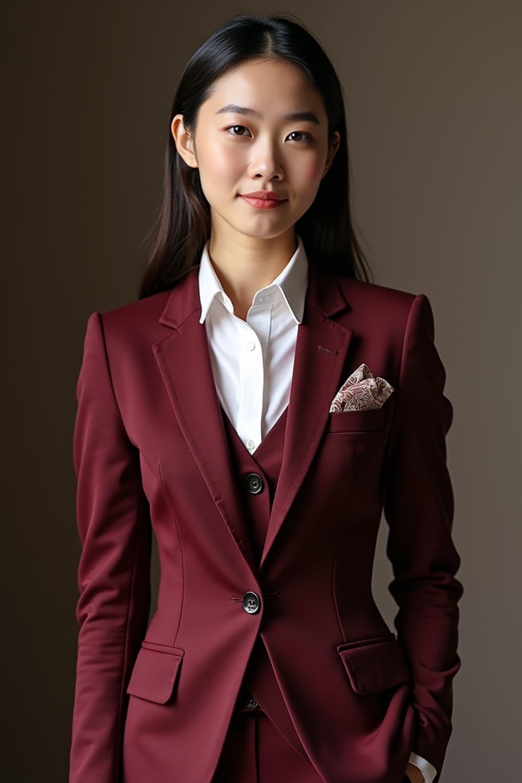 woman trying on a stylish three-piece suit in a rich burgundy color with a crisp white shirt and a paisley patterned pocket square