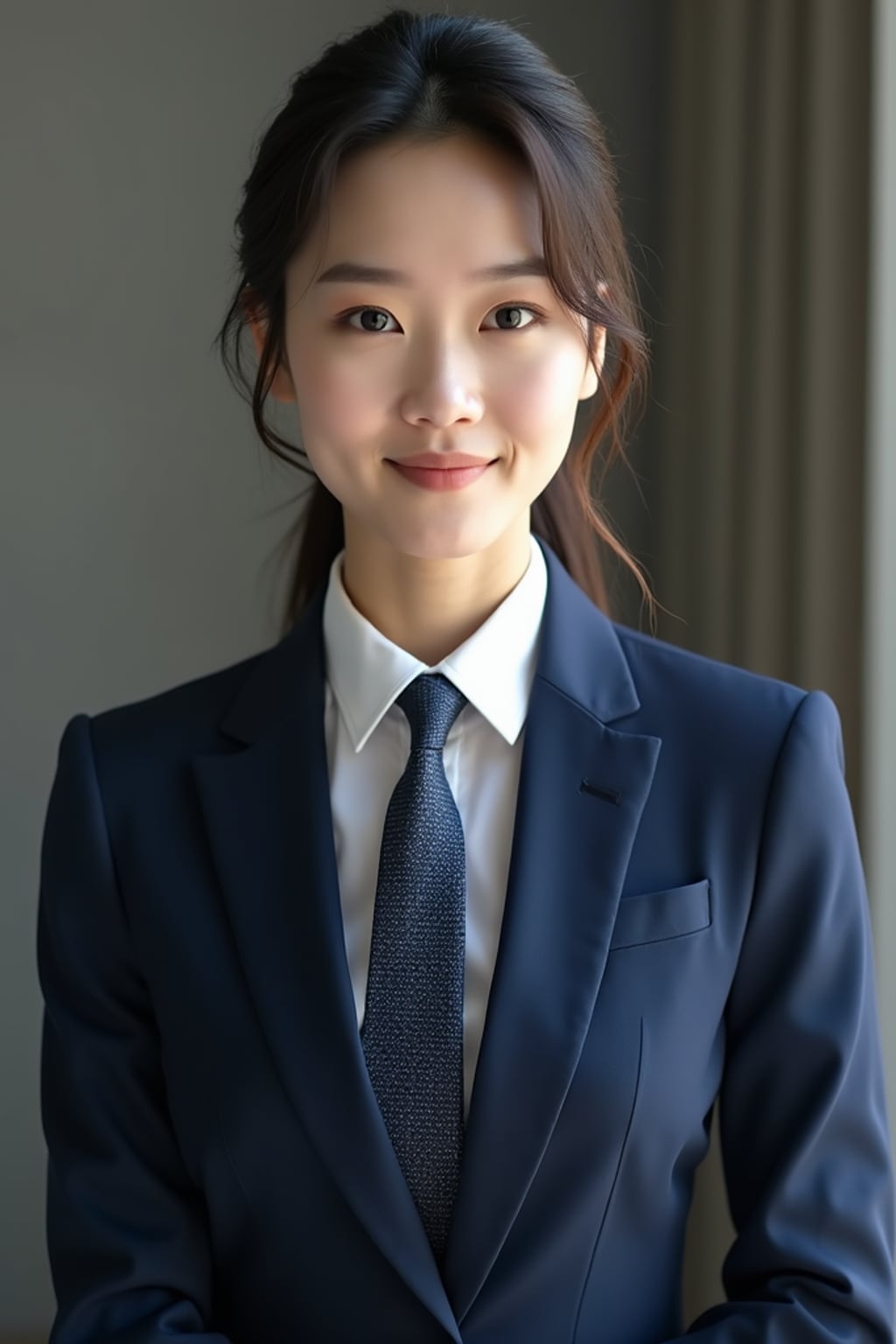 woman wearing a classic navy blue suit with a crisp white dress shirt and a patterned tie
