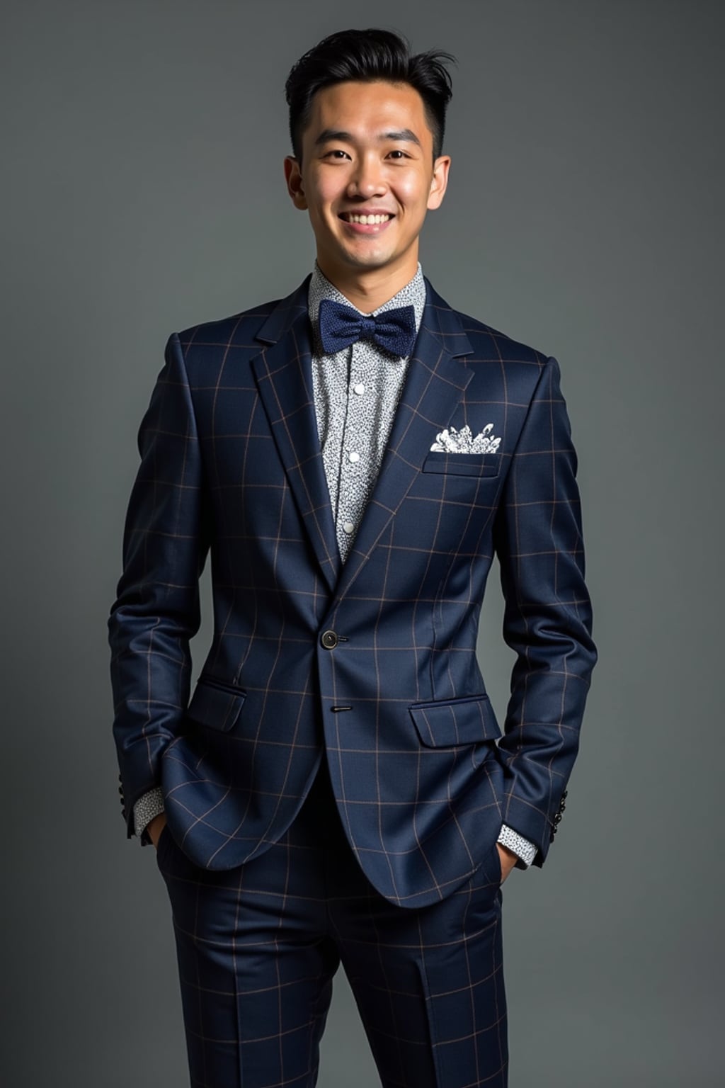 handsome and stylish man showcasing a unique windowpane check suit in a navy blue color with a patterned shirt and a contrasting bow tie