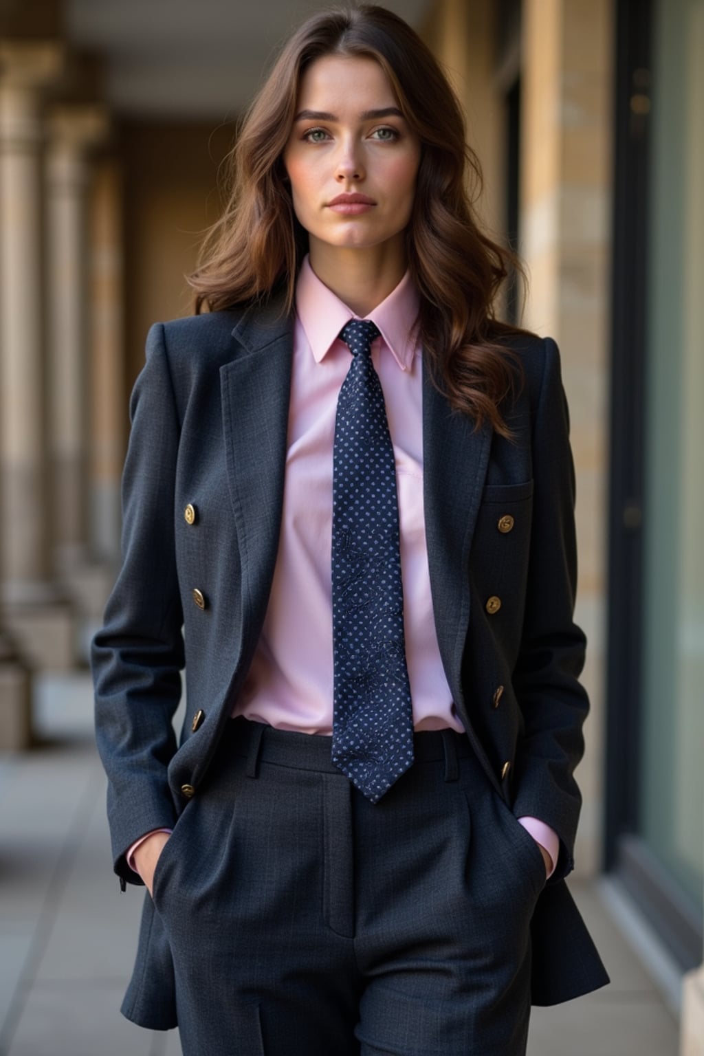 woman wearing a classic navy herringbone suit with a light pink dress shirt and a polka dot tie