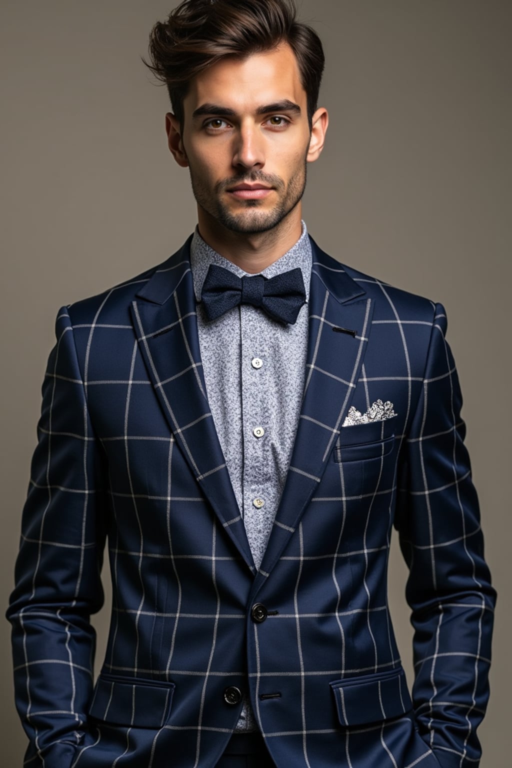 handsome and stylish man showcasing a unique windowpane check suit in a navy blue color with a patterned shirt and a contrasting bow tie