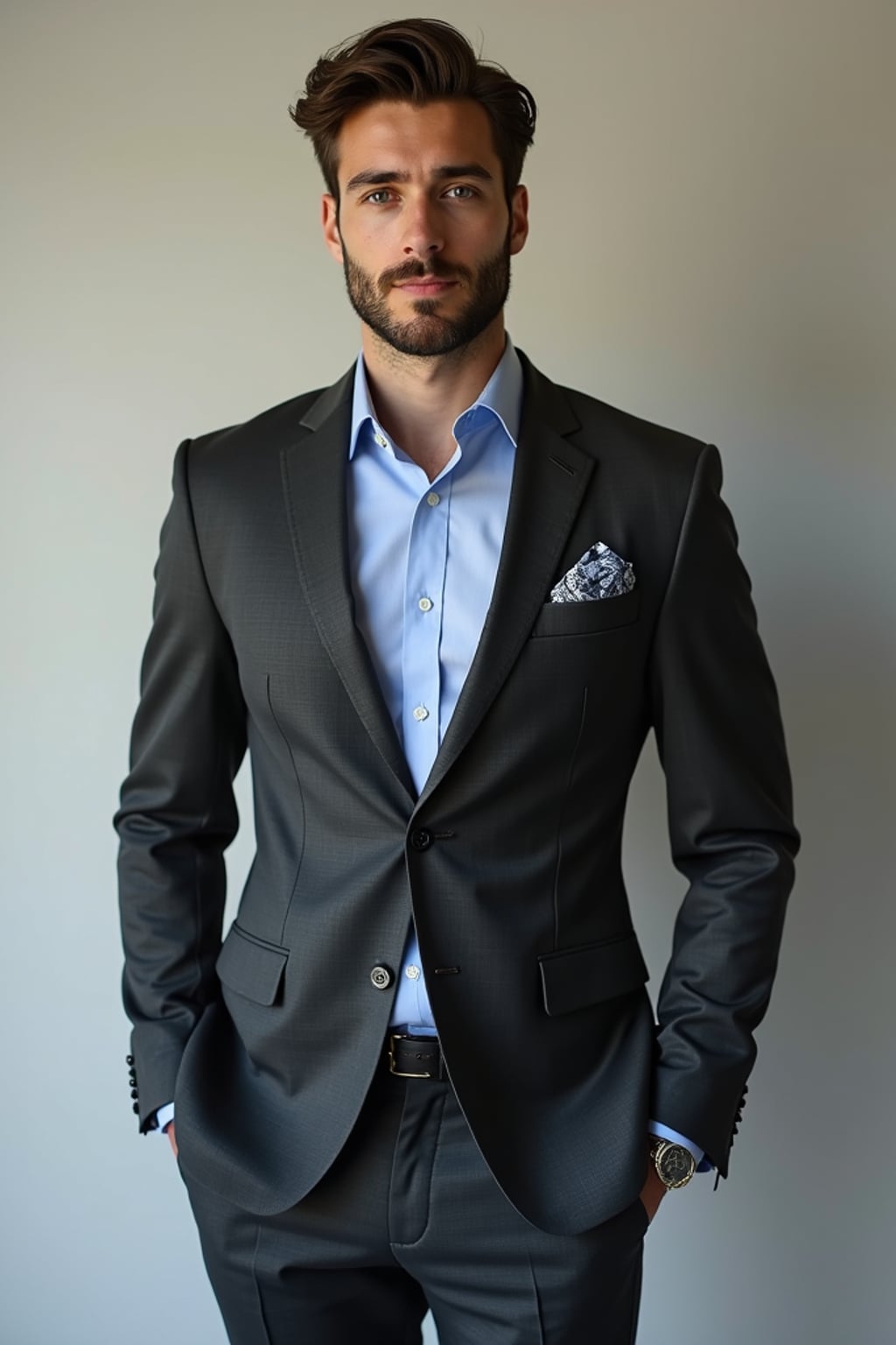 handsome and stylish man showcasing a modern slim-fit charcoal with a light blue dress shirt and a contrasting pocket square