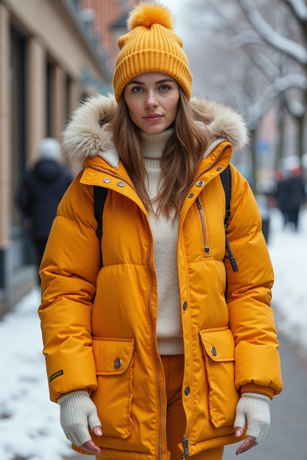 woman wearing gorpcore aesthetic, functional outdoor clothing, bright colored puffer jacket, moonboots, beanie, white wool socks, outerwear, posing for photo in the street