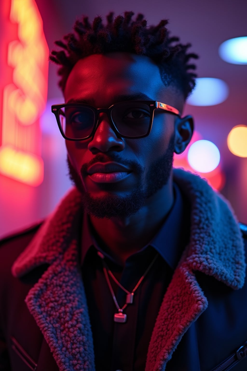man wearing  smart casual in night club with neon lights