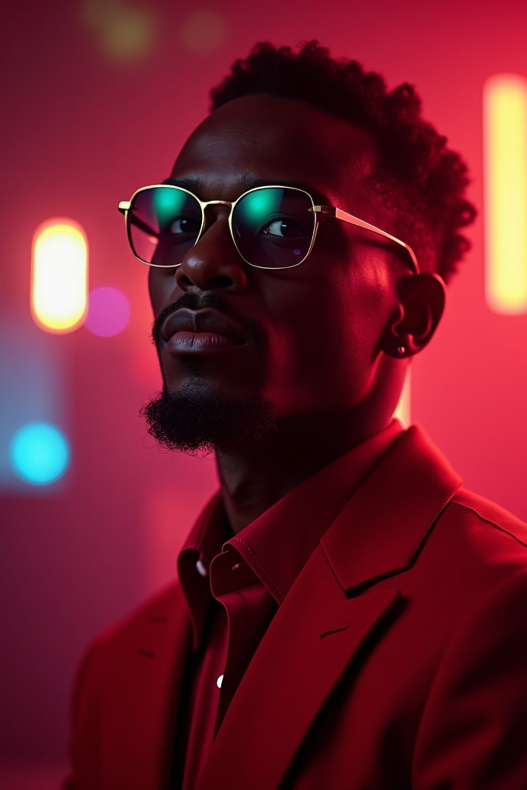 man wearing  (red suit) in night club neon lights