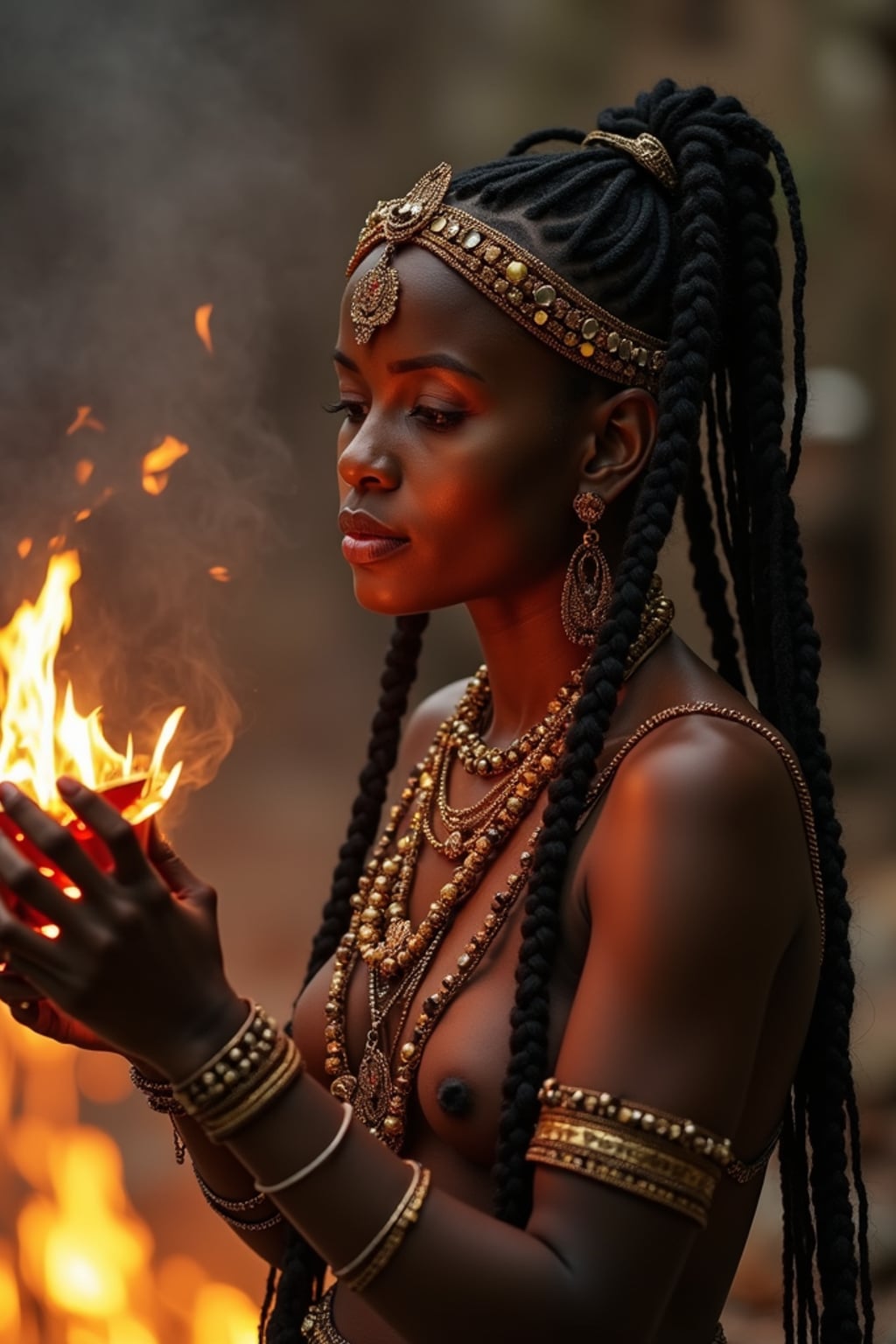 woman engaged in a sacred ritual or ceremony, adorned with symbolic attire