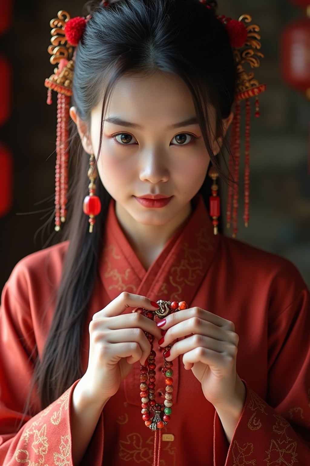 woman holding prayer beads or a sacred object,