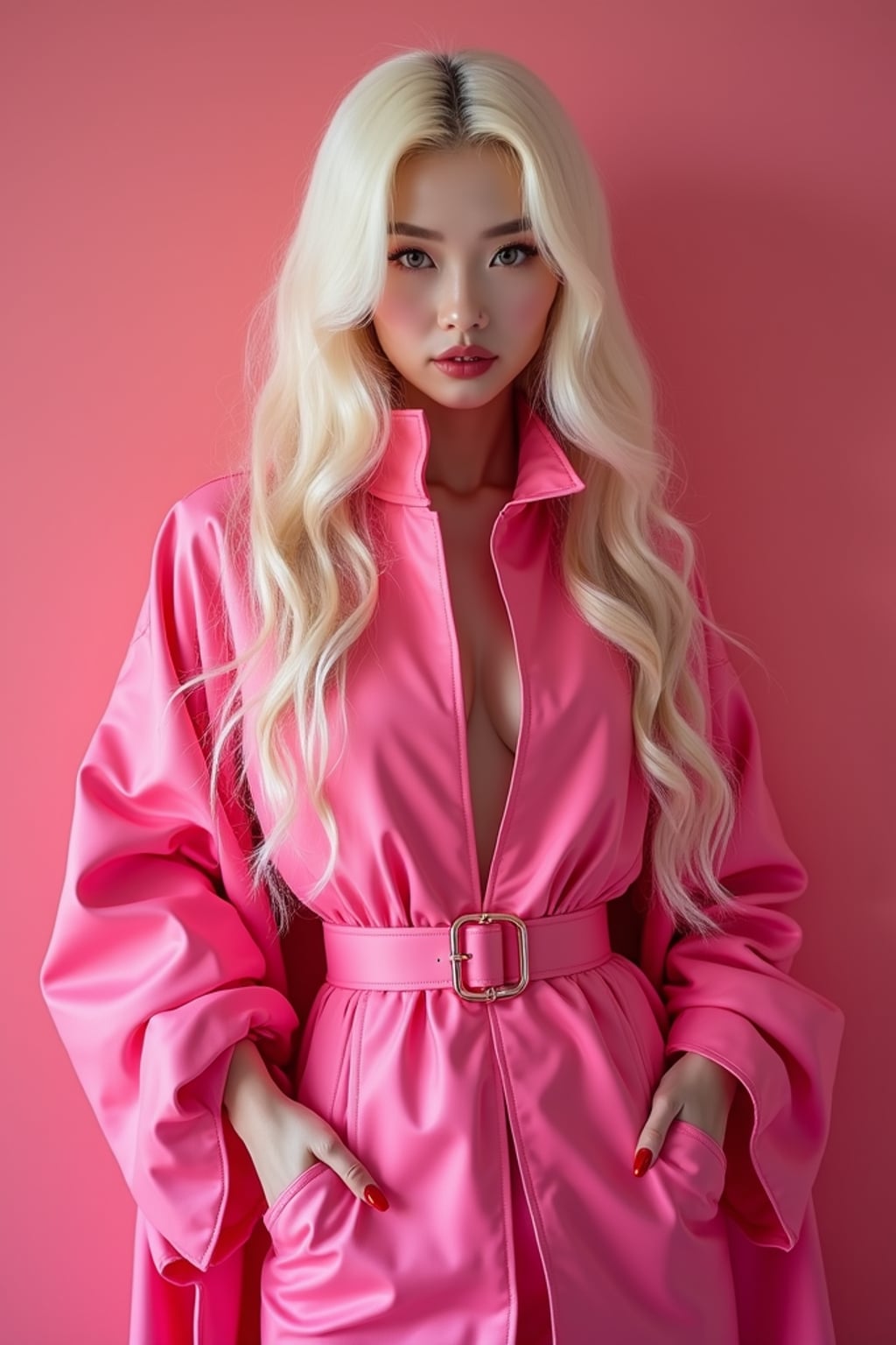 full body shot of sexy woman dressed up in full hot pink with Barbie clothes platinum blonde hair, hot pink style