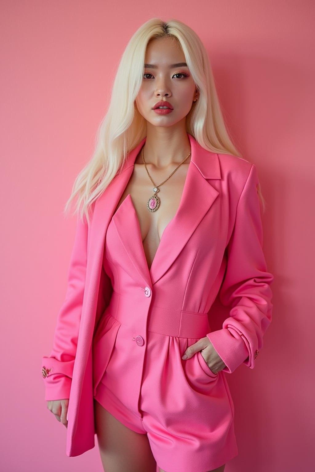full body shot of sexy woman dressed up in full hot pink with Barbie clothes platinum blonde hair, hot pink style
