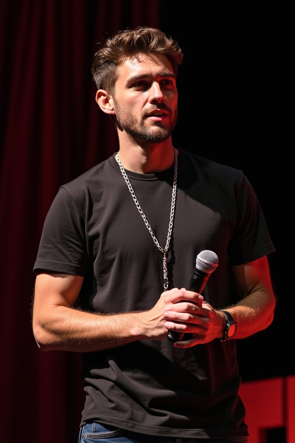 tech conference speaker man holding microphone with lanyard around his neck
