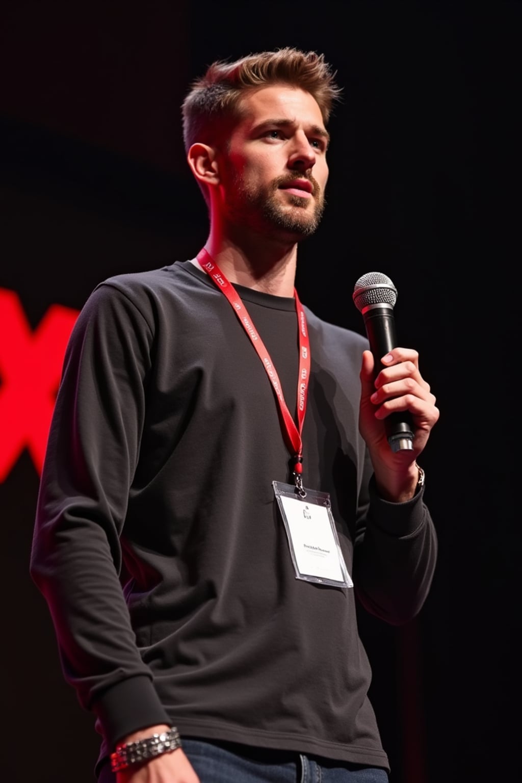 tech conference speaker man holding microphone with lanyard around his neck