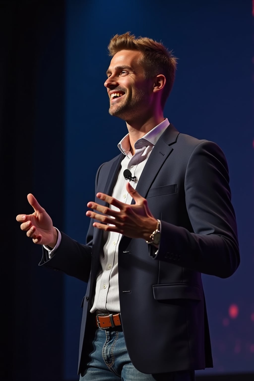 man as a conference keynote speaker standing on stage at a conference
