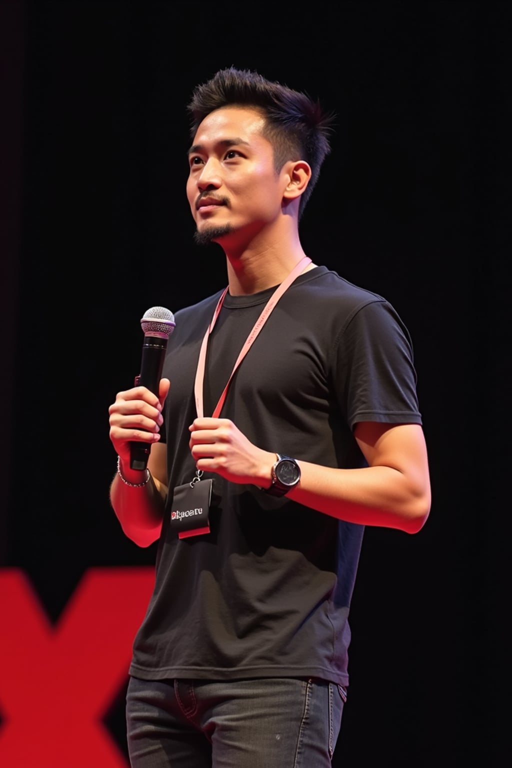 tech conference speaker man holding microphone with lanyard around his neck