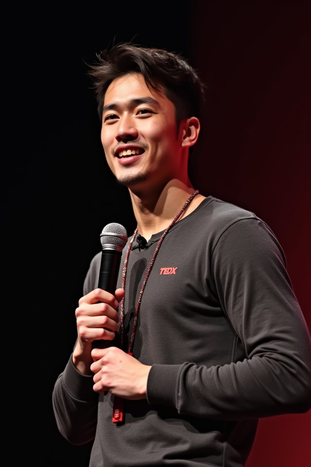 tech conference speaker man holding microphone with lanyard around his neck