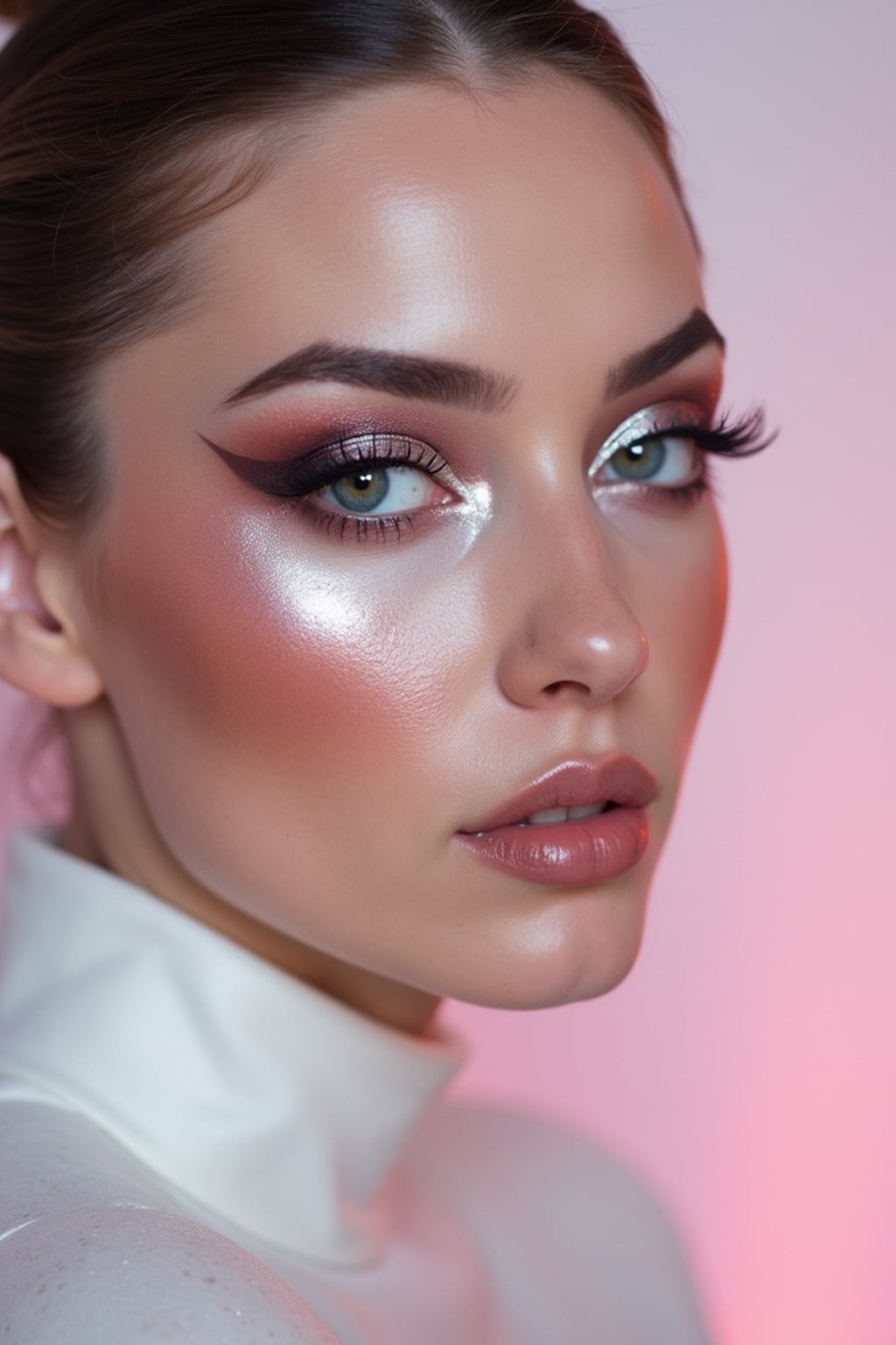 close-up of Futuristic makeup with metallic eyeshadow and sharp contouring. set against a soft, pastel background