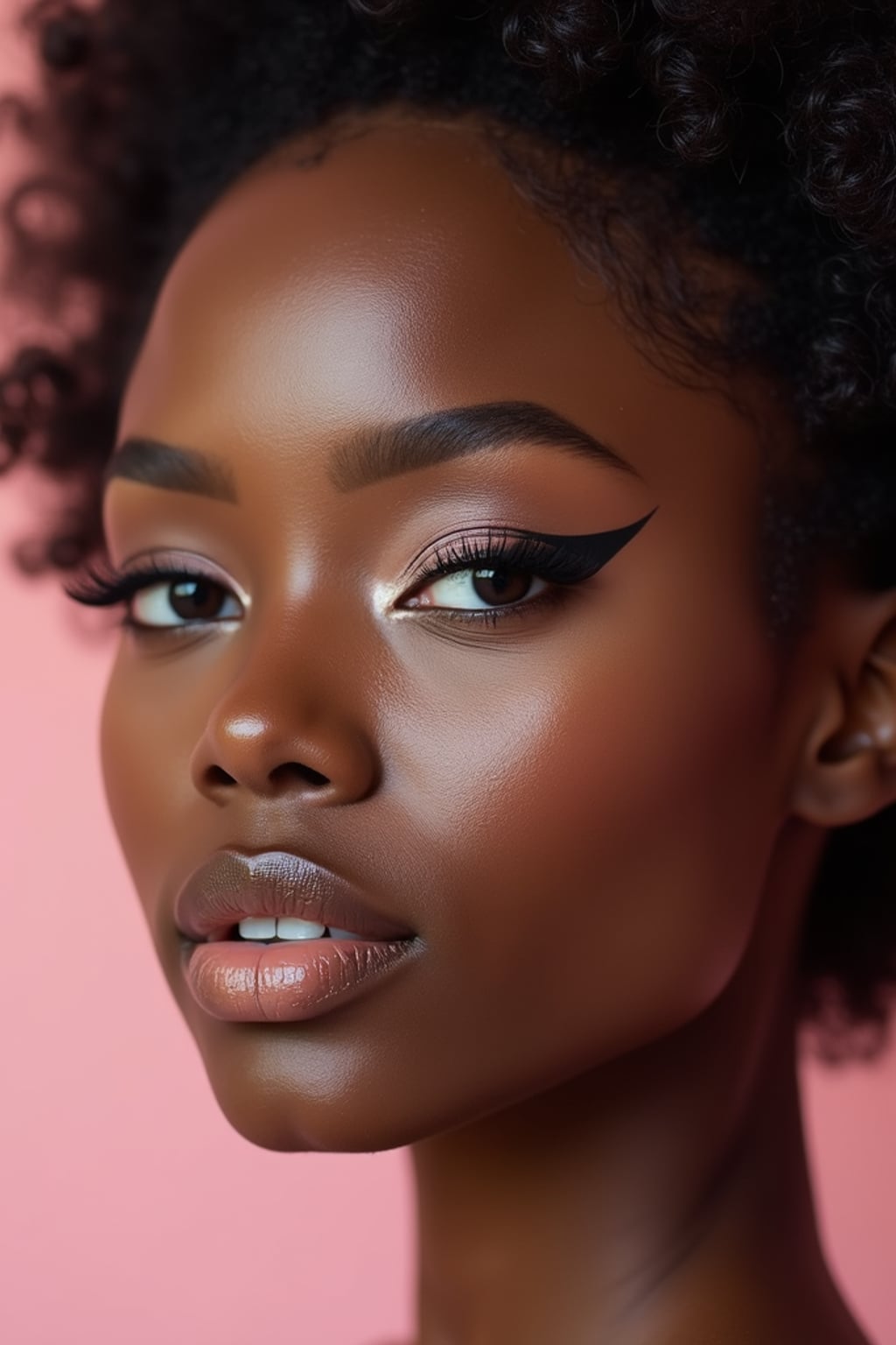 close-up of Model sporting winged eyeliner and matte skin finish. set against a soft, pastel background