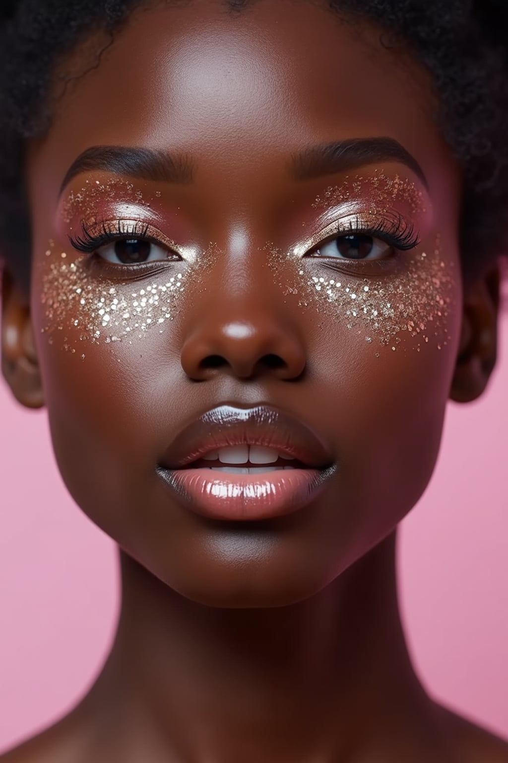 close-up of woman with glittery eye shadow and high-shine gloss, set against a soft, pastel background