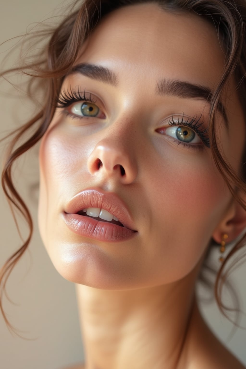 close-up of Beauty shot of woman featuring dewy skin, natural makeup look with nude lips and fluttery lashes. set against a soft, pastel background