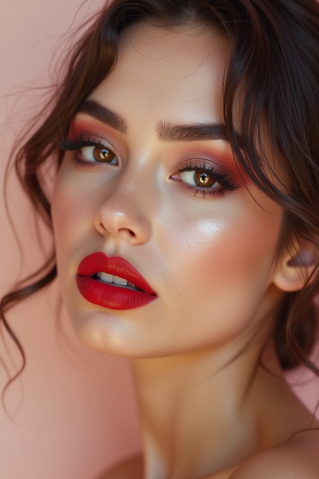 close-up of Model with a bold red lipstick and smokey eye makeup, set against a soft, pastel background