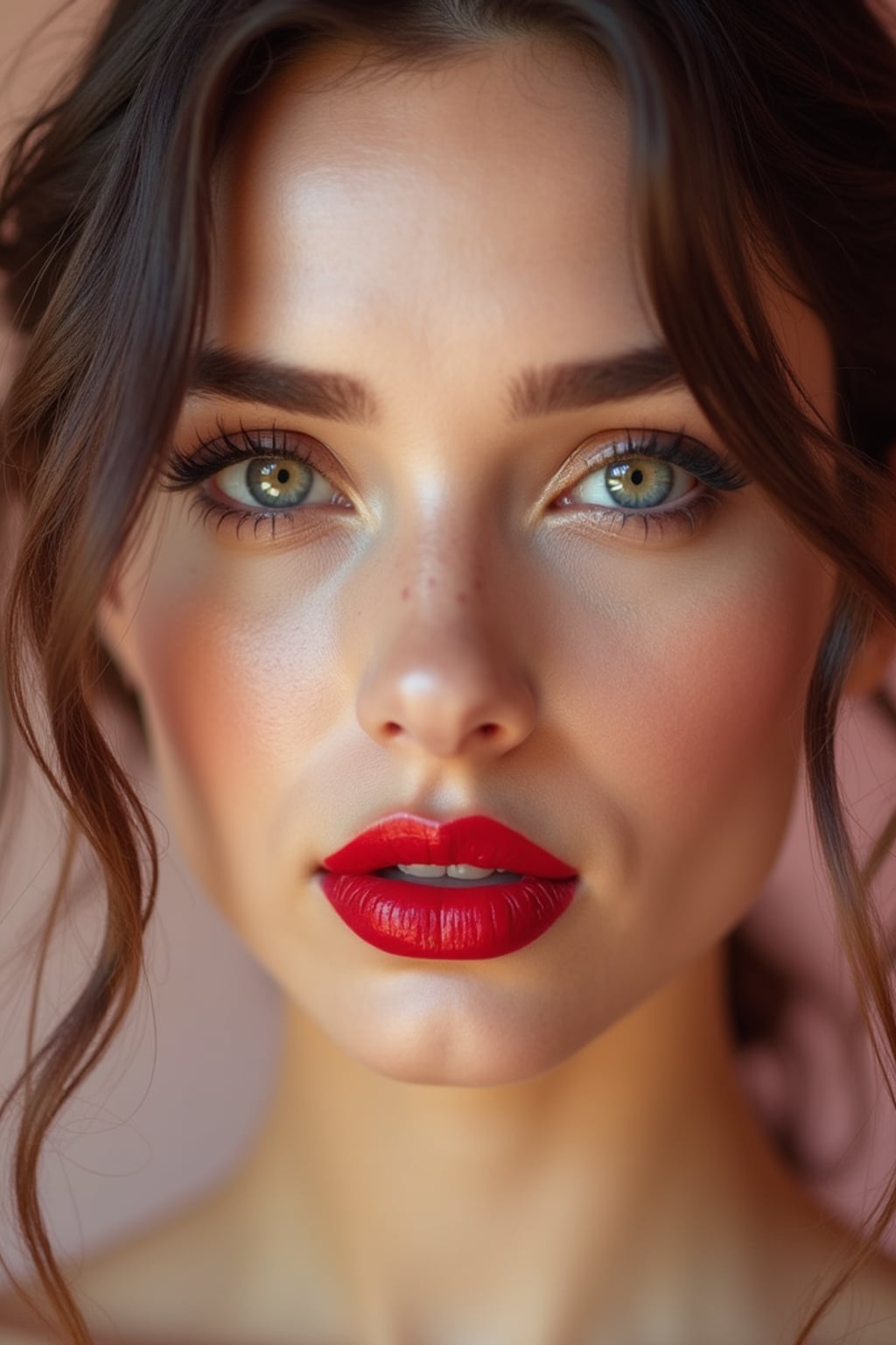 close up of woman with a bold red lipstick and smokey eye makeup. set against a soft, pastel background